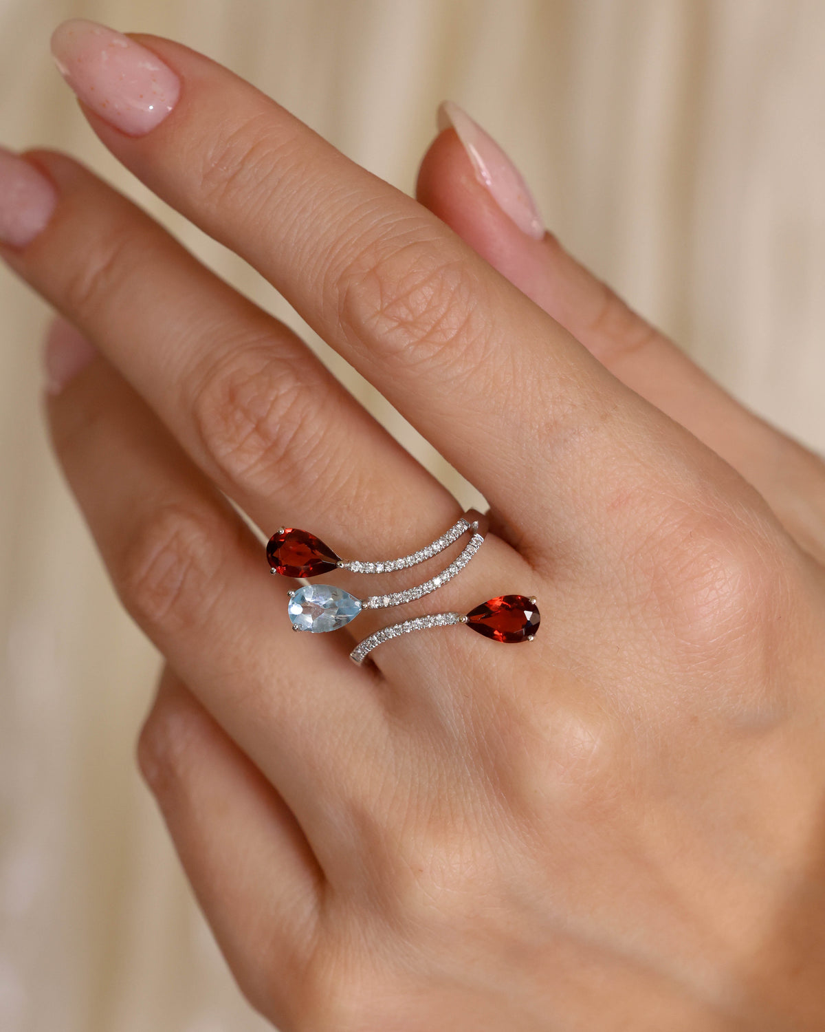 Garnet, Topaz and Diamond Bypass Ring in 18K White Gold
