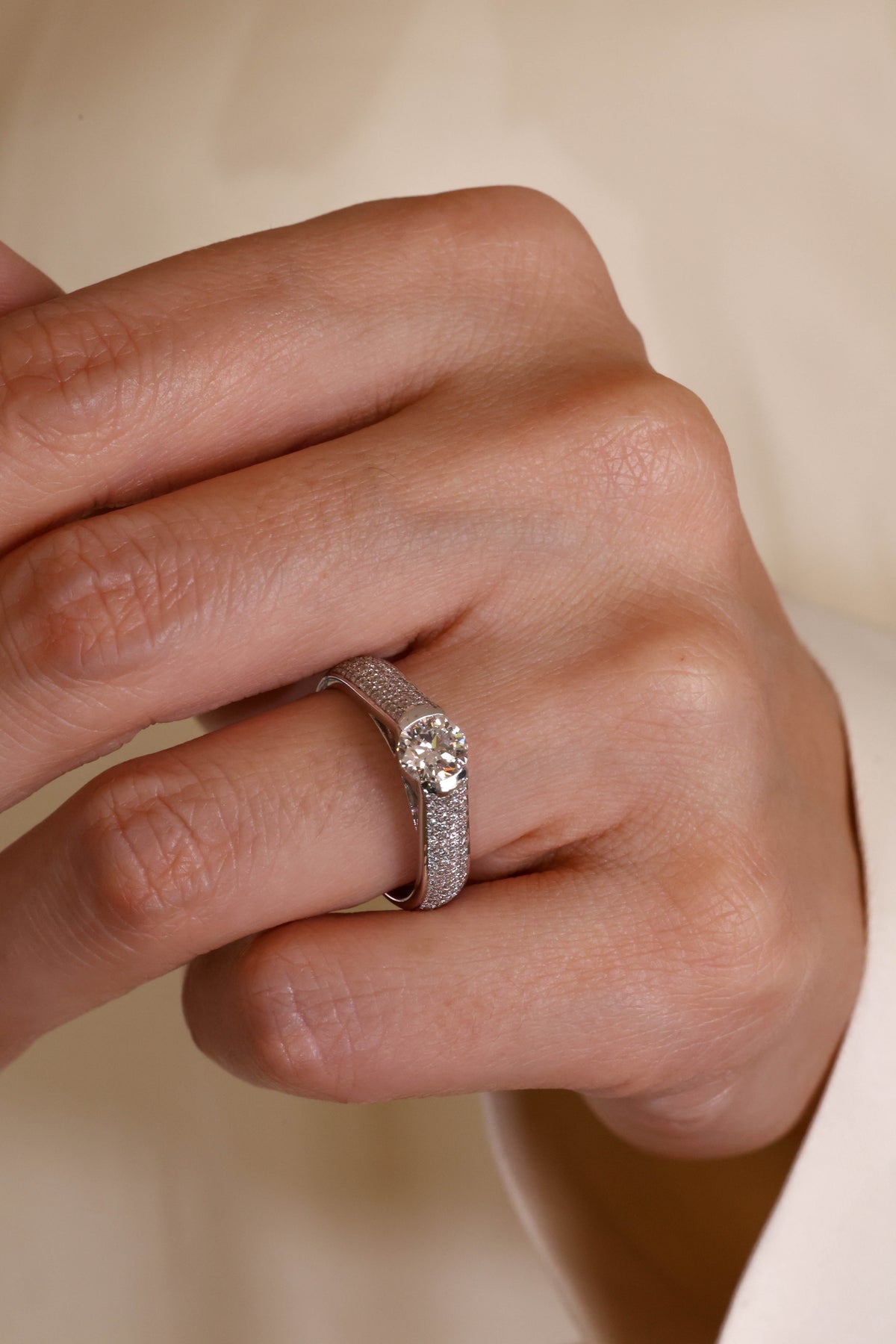 Pavé Solitaire Diamond Ring in 18K White Gold – view 2