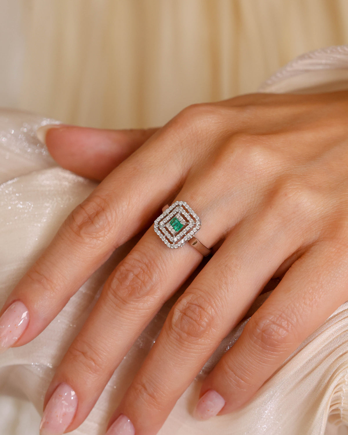 Emerald and Double Halo Diamond Ring in 18K White Gold