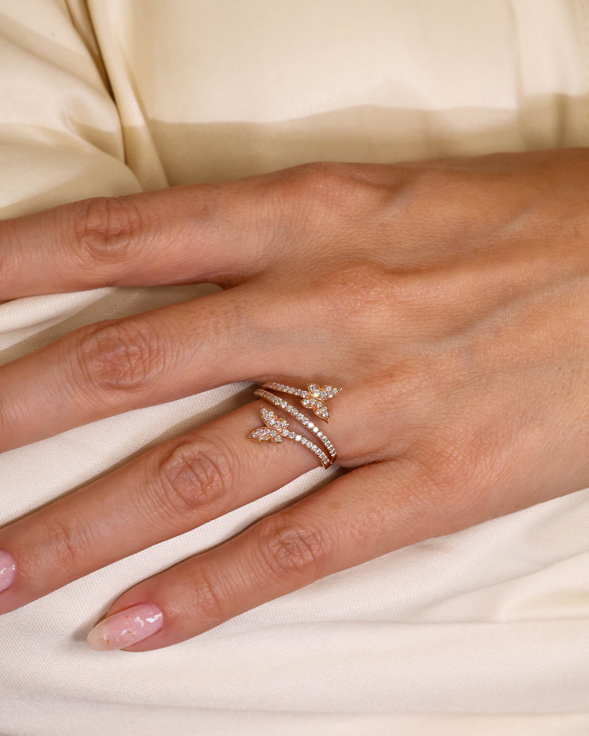 Twin Butterfly Bypass Pavé Diamond Ring in 18K Rose Gold, 0.51 ct