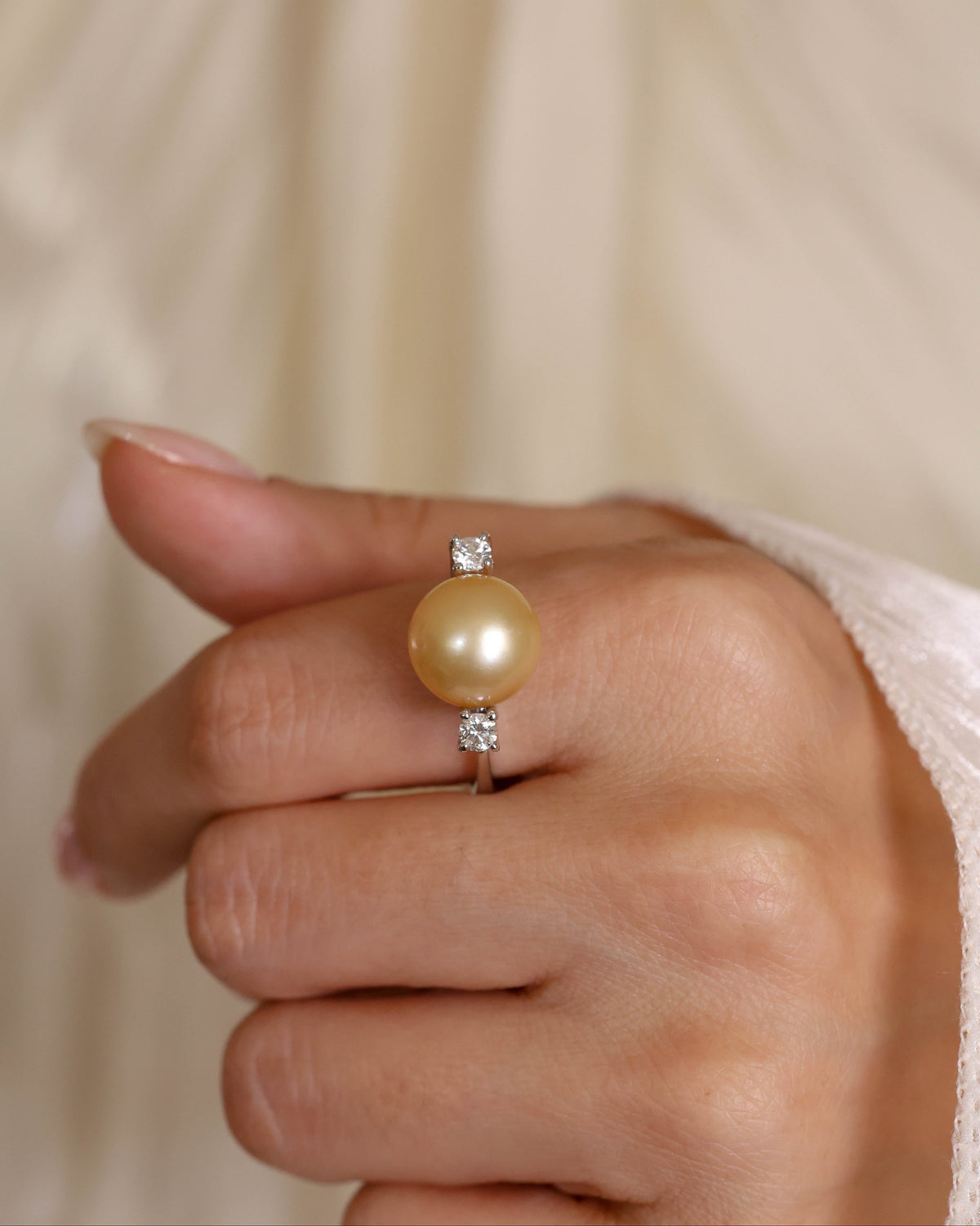 Golden Pearl and Side Diamond Ring in 18K White Gold