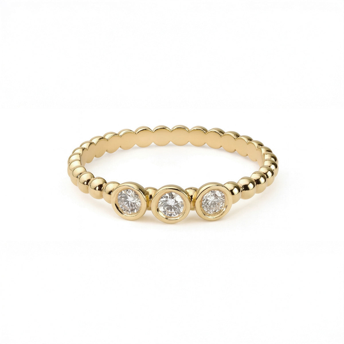 Three-Stone Bezel Diamond Ring – front view – DRN00218
