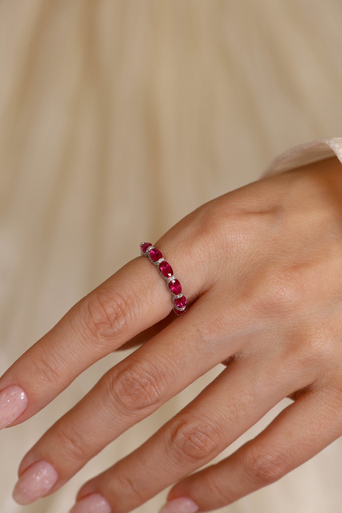 Pink Ruby & Diamond Scalloped Eternity Ring in 18K White Gold – view 2