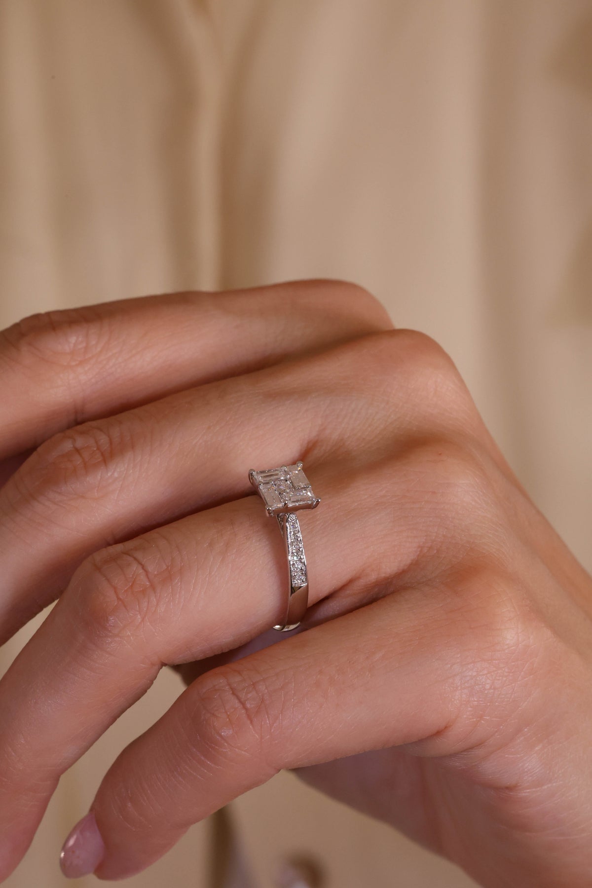 Baguette Mosaic Diamond Ring in 18K White Gold – view 2