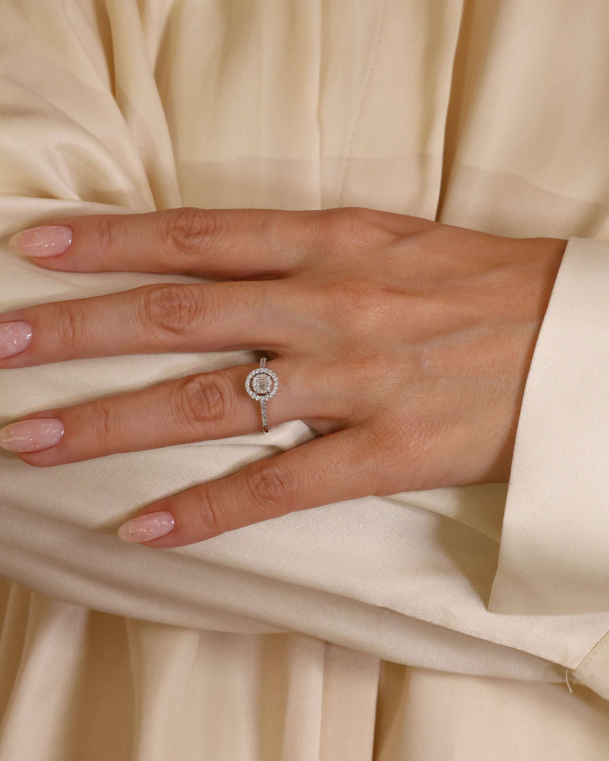 Double Halo Baguette Ring in 18K White Gold, 0.32 ct