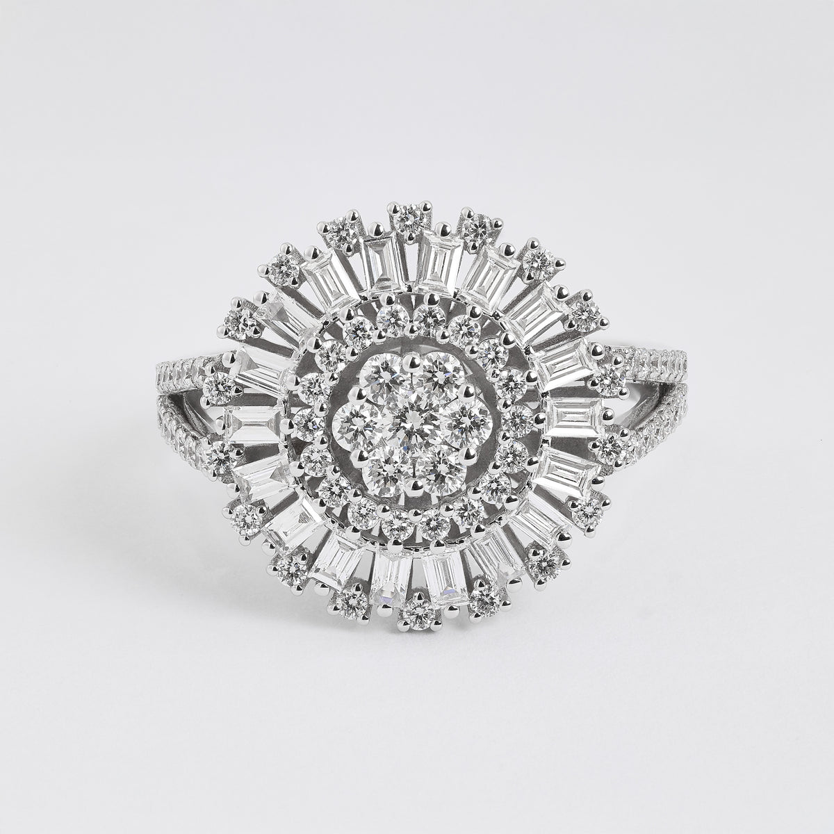 Baguette and Round Diamond Sunburst Wheel Ring in 18K White Gold – view 2