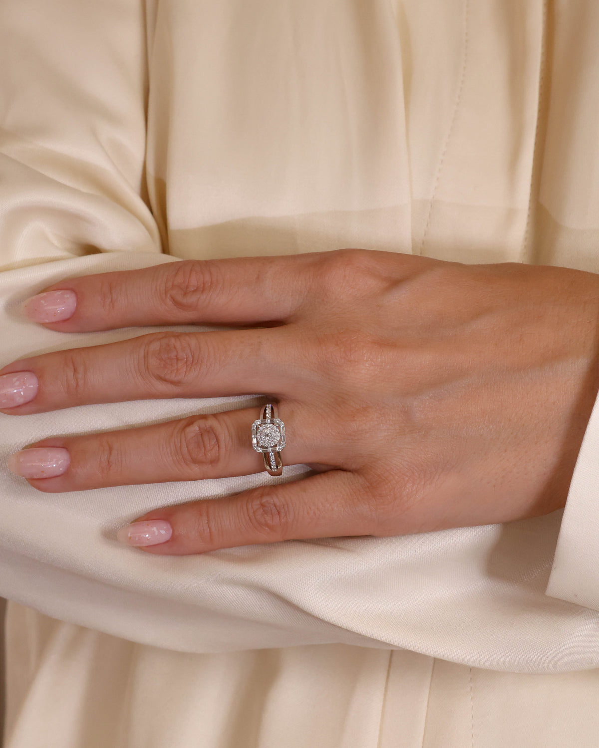 Baguette and Round Diamond Geometric Halo Ring in 18K White Gold, 0.44 ct