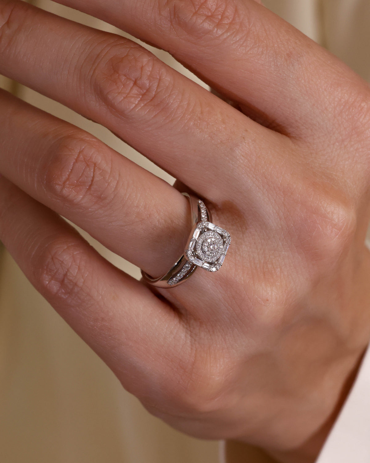 Baguette and Round Diamond Geometric Halo Ring in 18K White Gold – view 2