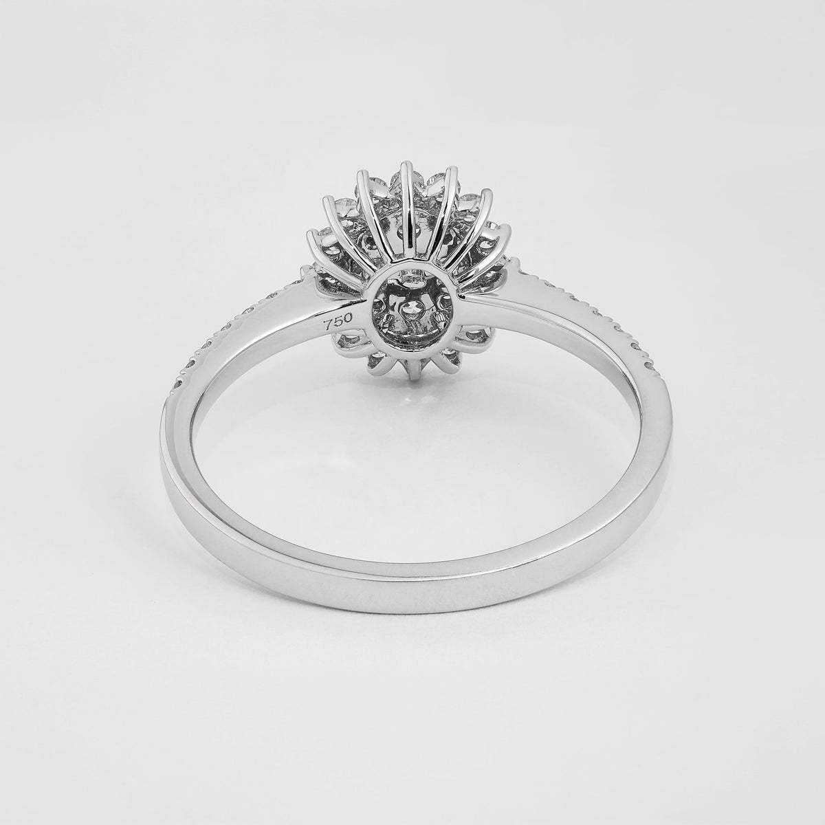 Baguette and Round Diamond Sunburst Halo Ring in 18K White Gold – view 3