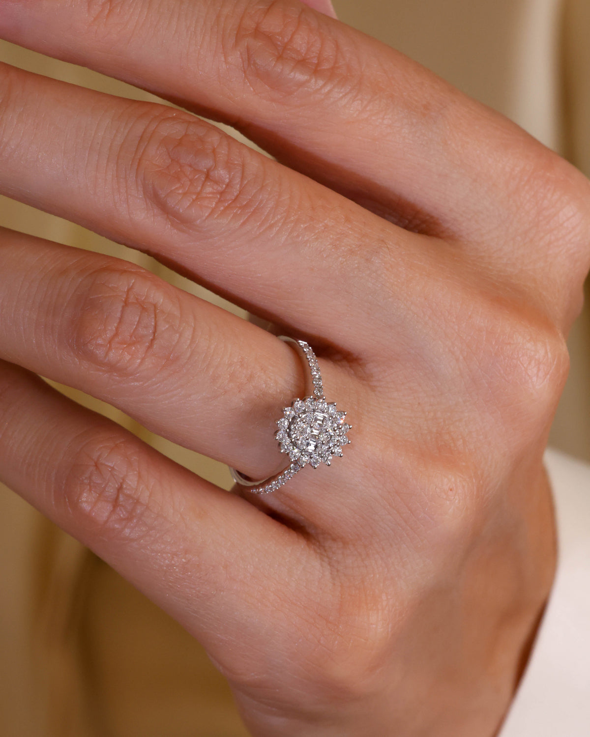 Baguette and Round Diamond Sunburst Halo Ring in 18K White Gold – view 2