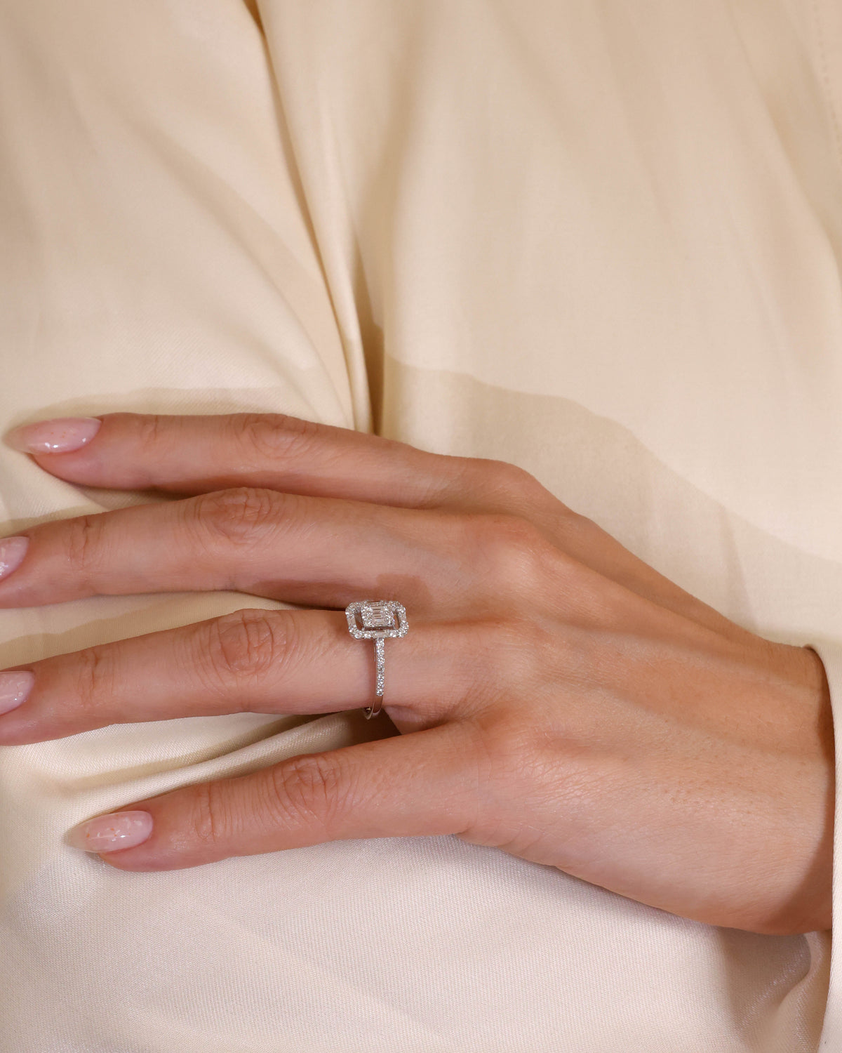 Mosaic Emerald-Cut Diamond Engagement Ring in 18K White Gold – view 2
