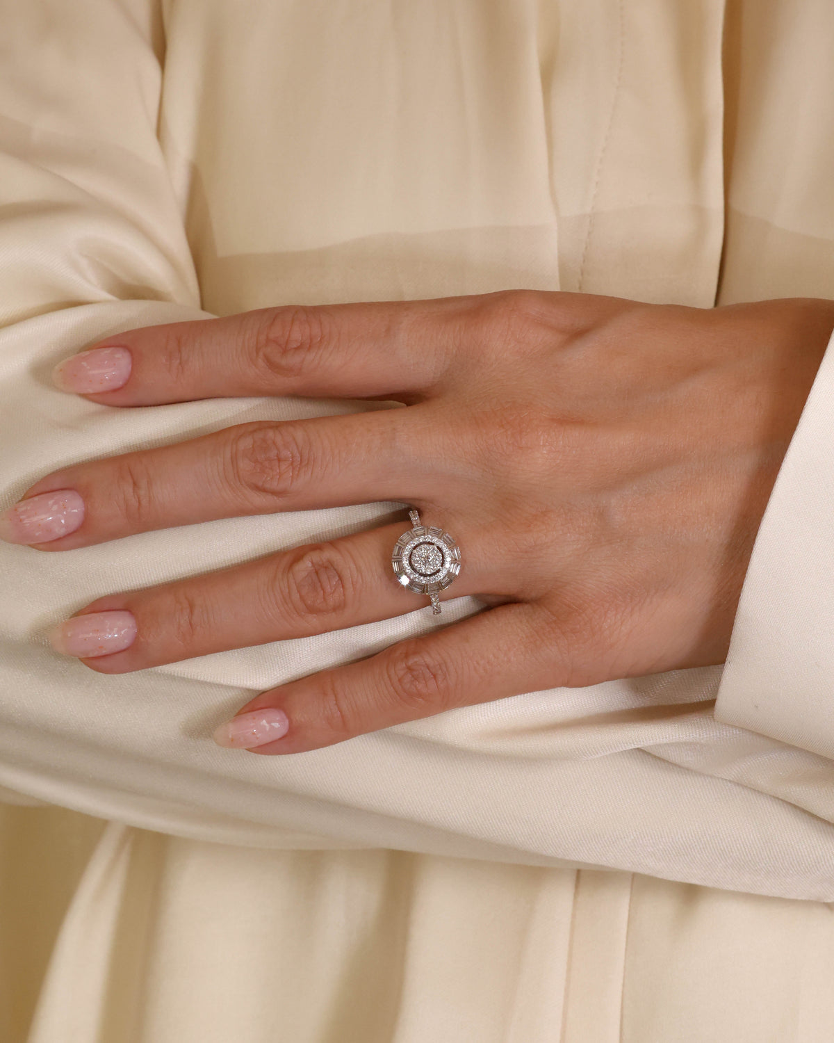 Sunburst Baguette Diamond Cocktail Ring in 18K White Gold, 0.92 ct