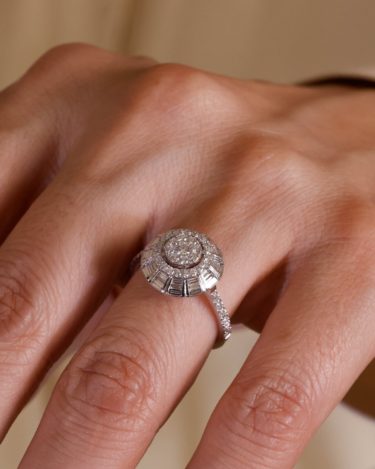 Sunburst Baguette Diamond Cocktail Ring in 18K White Gold – view 2
