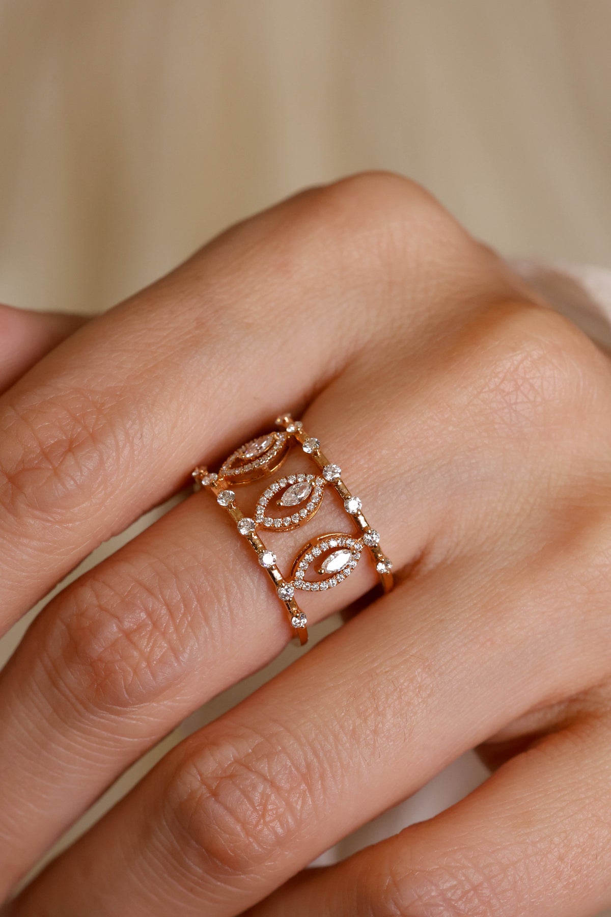 Marquise Motif Wide Openwork Diamond Ring in 18K Rose Gold – view 2