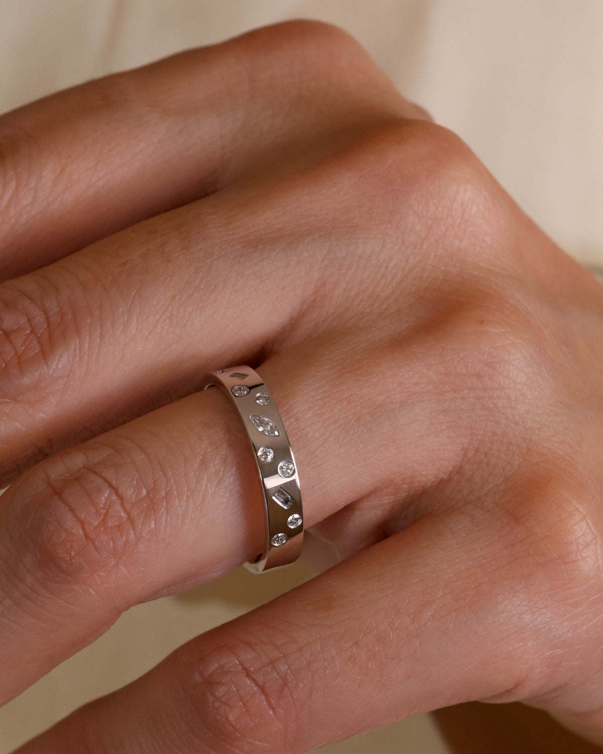 Wide Bezel-Set Natural Diamond Band in 18K White Gold