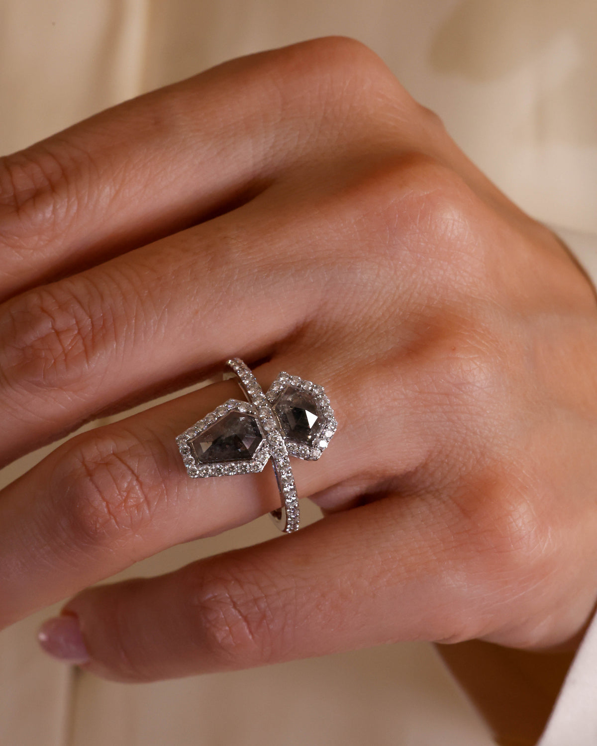 Geometric Two-Stone Salt & Pepper Diamond Ring in 18K White Gold – view 2