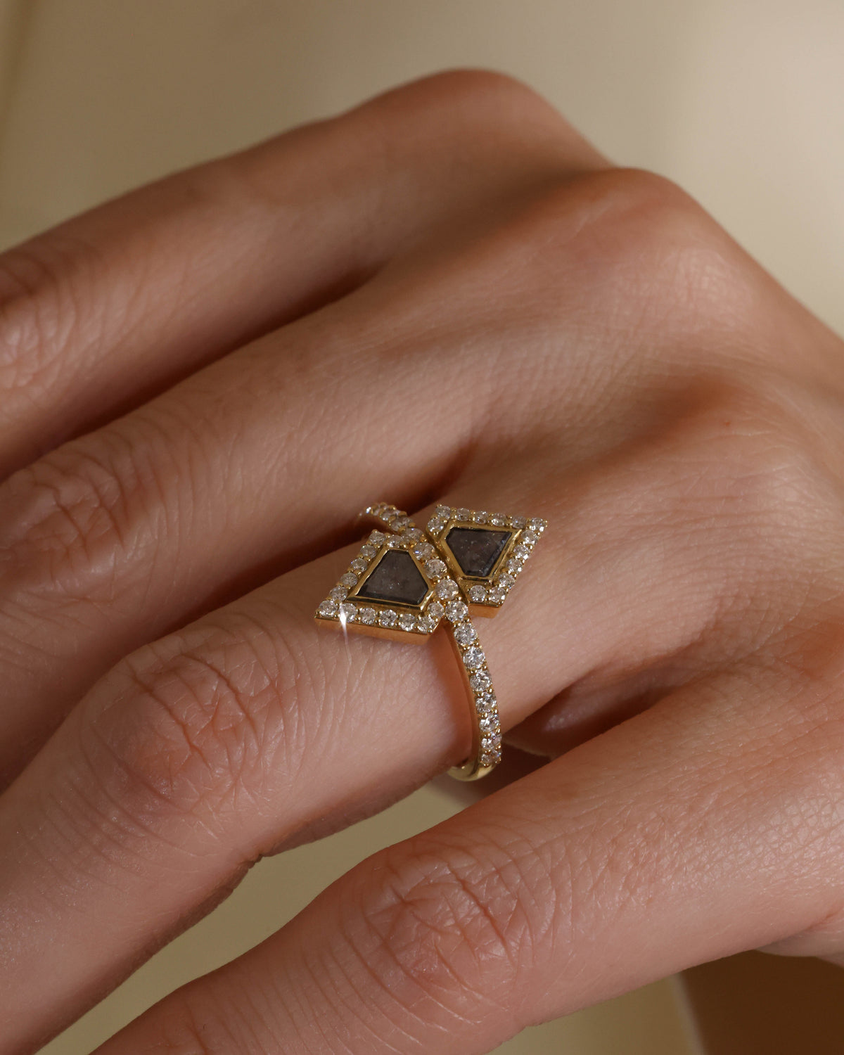 Geometric Two-Stone Salt & Pepper Diamond Ring in 18K Yellow Gold – view 2