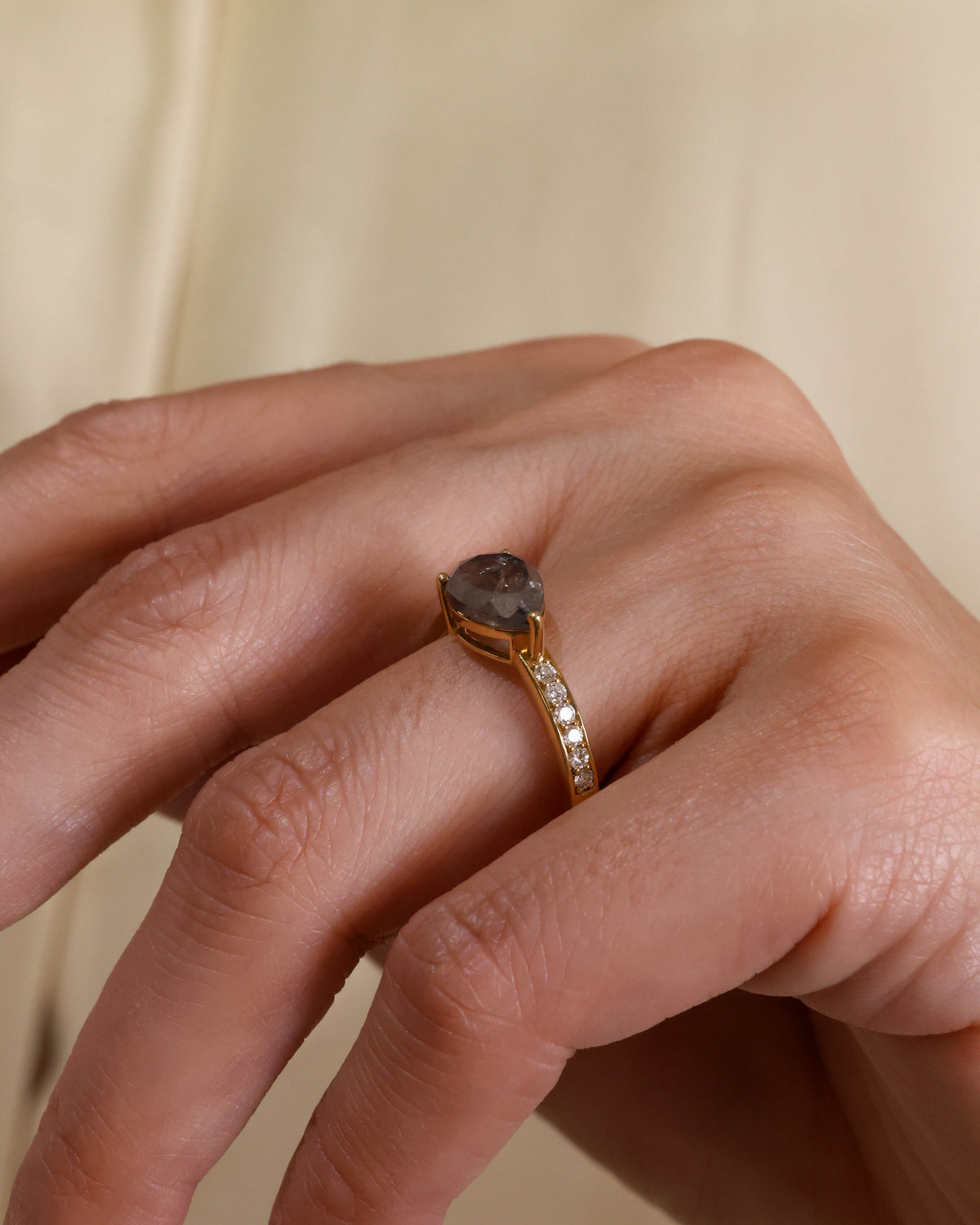 Pear-Cut Salt & Pepper Diamond Pavé Ring in 18K Yellow Gold – view 3