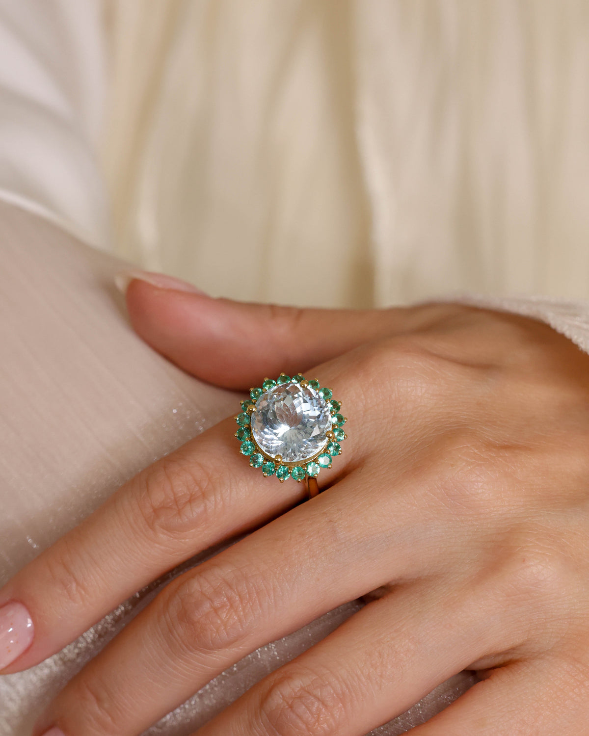 Round Aquamarine and Emerald Halo Ring, 11.35 ct
