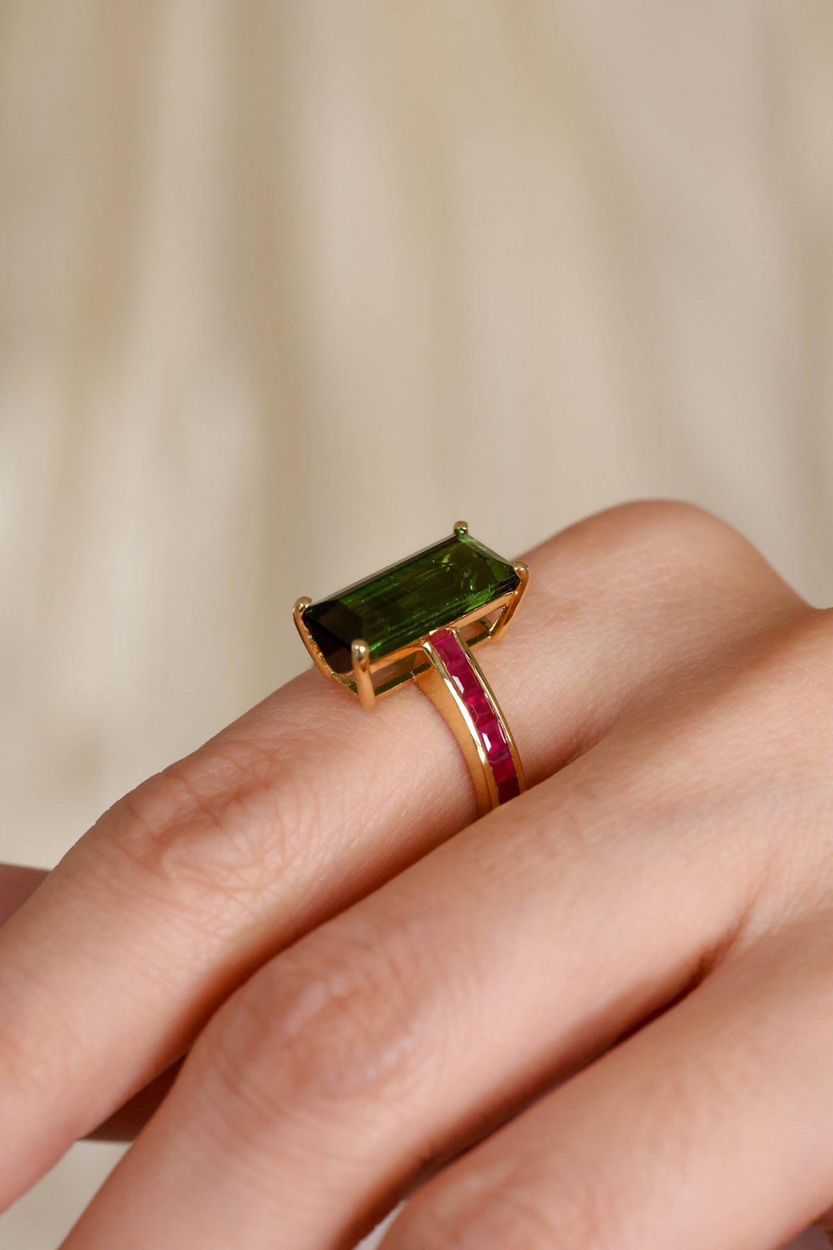 Elongated Emerald-Cut Green Tourmaline and Red Enamel Ring in 18K Yellow Gold – view 2