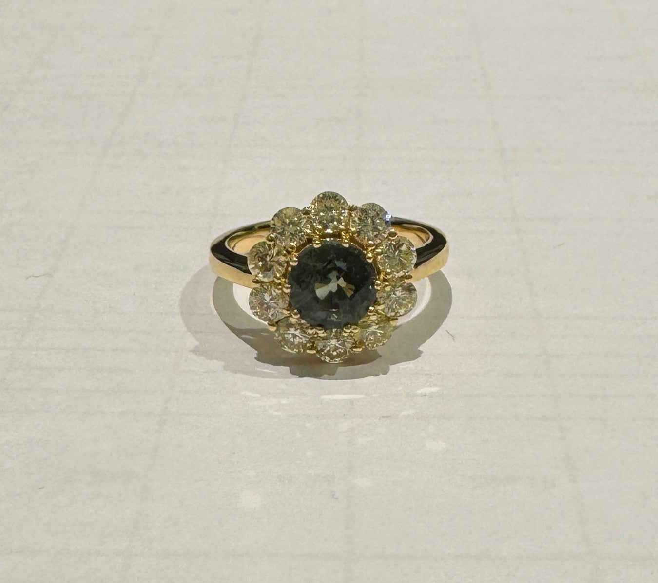 1.32 ct Diamond and 1.76 ct Teal Sapphire Ring in 18K Yellow Gold