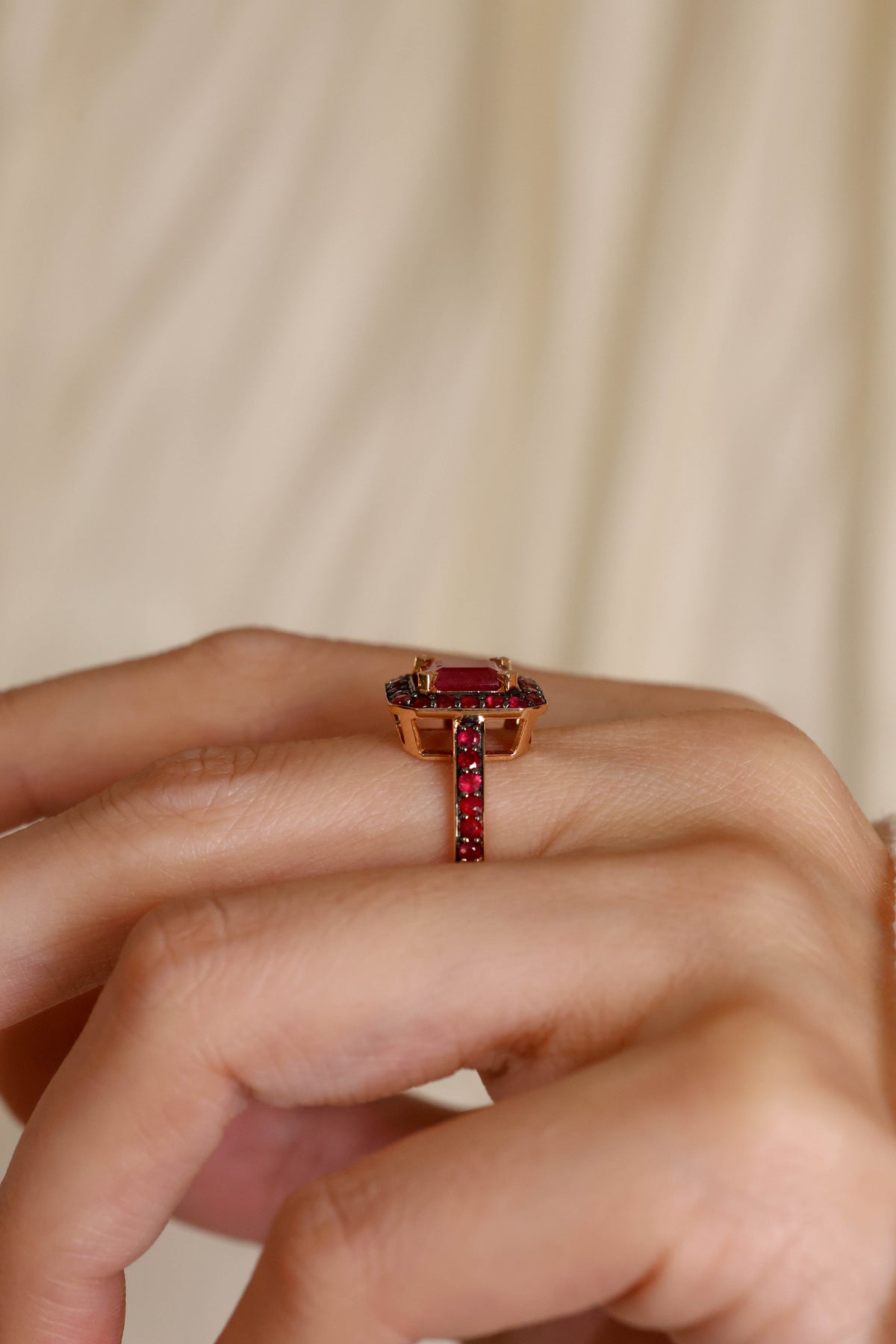 Ruby and Diamond Halo Cocktail Ring – view 2