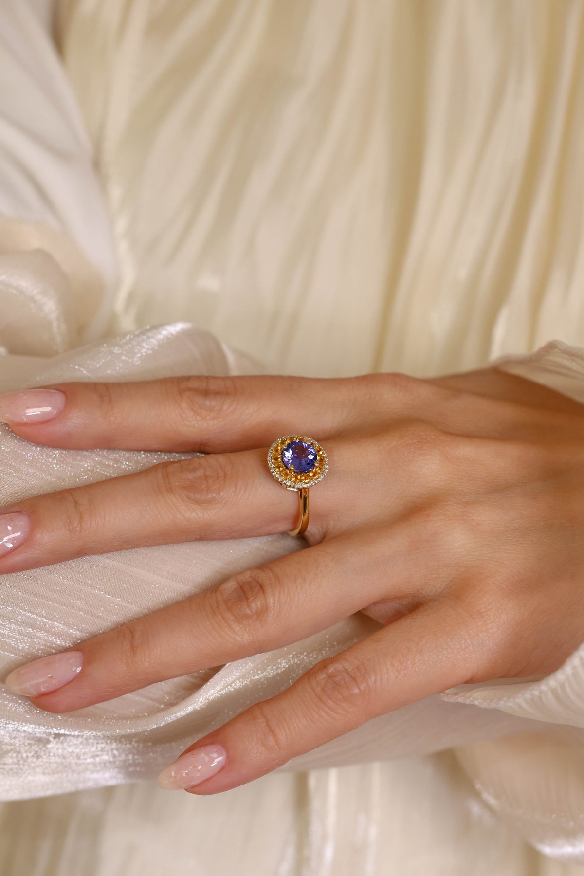 Tanzanite, Citrine and Diamond Double Halo Ring – view 2