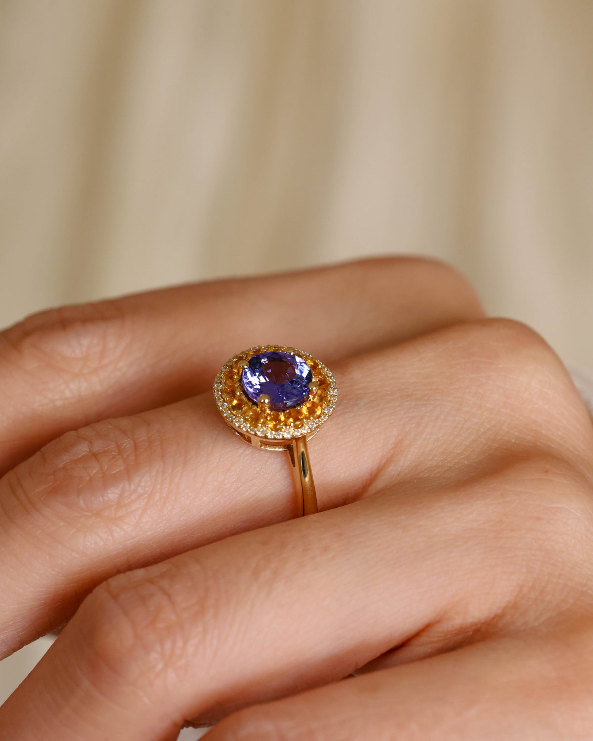 Tanzanite, Citrine and Diamond Double Halo Ring, 2.31 ct