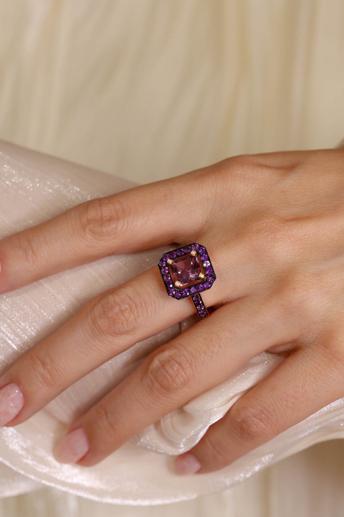 Amethyst Halo Ring in 18K Rose Gold, 3.70 ct