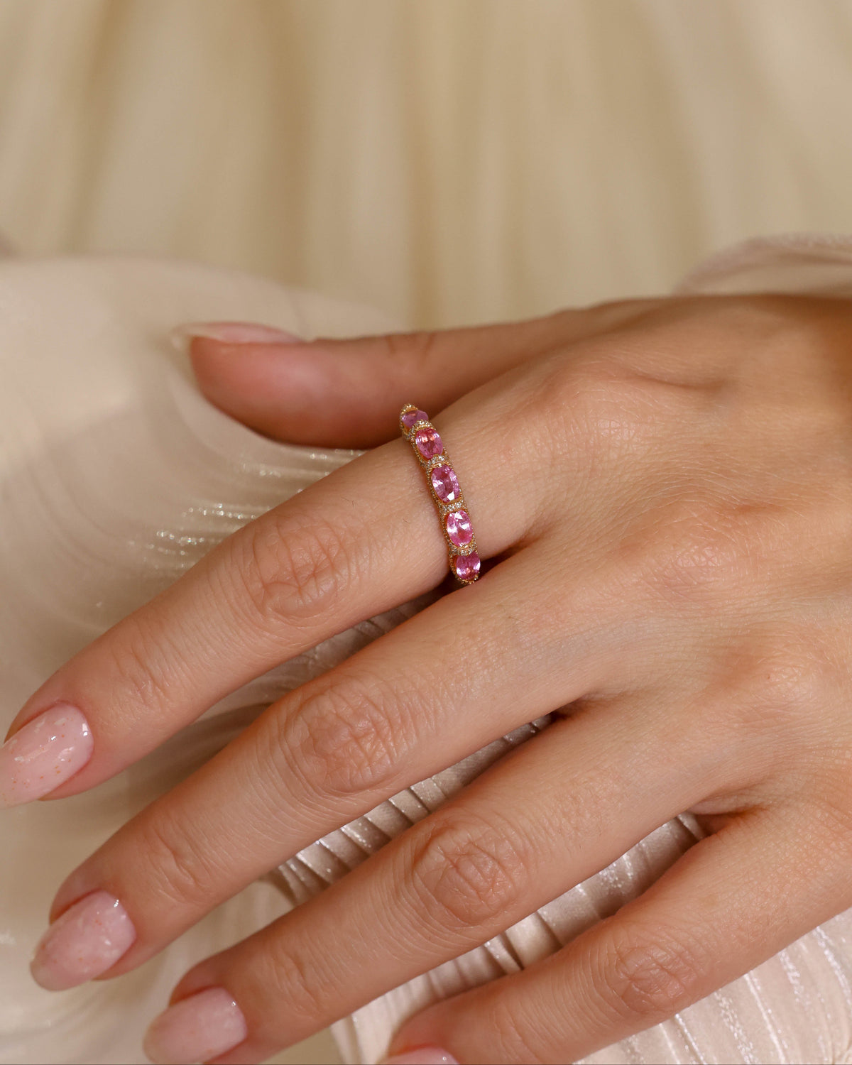 Pink Sapphire & Diamond Scalloped Eternity Ring in 18K Rose Gold, 1.58 ct