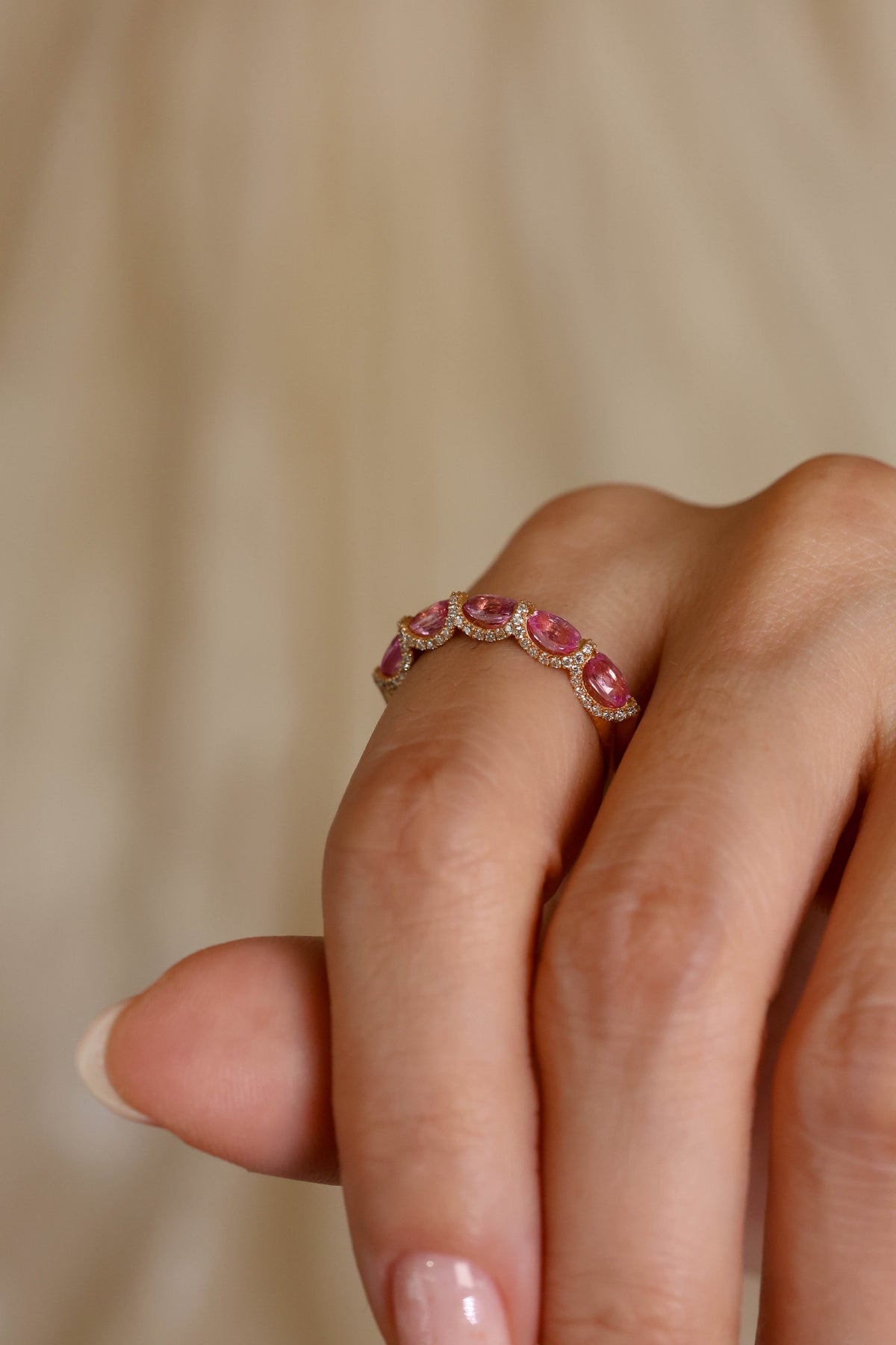 Pink Sapphire & Diamond Scalloped Eternity Ring in 18K Rose Gold – view 2