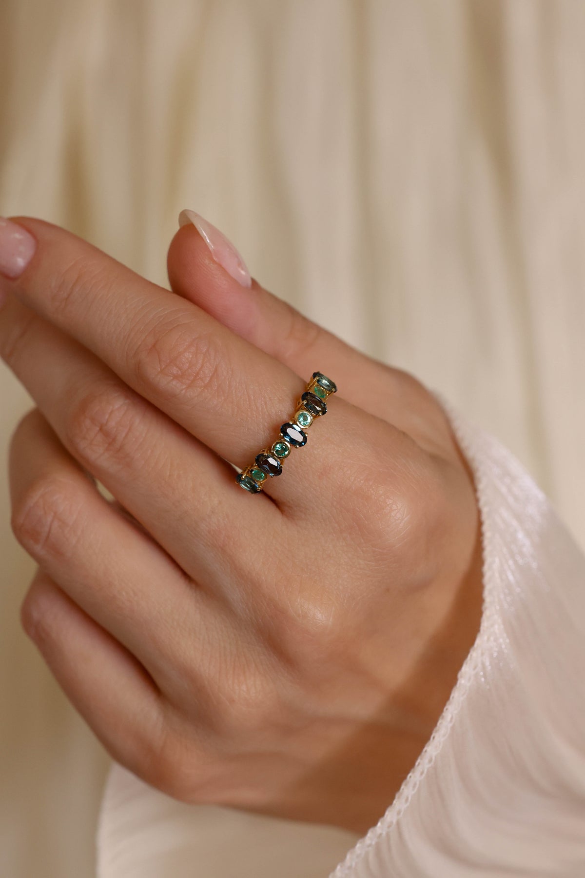London Blue Topaz & Emerald Mosaic Ring in 18K Yellow Gold – view 2