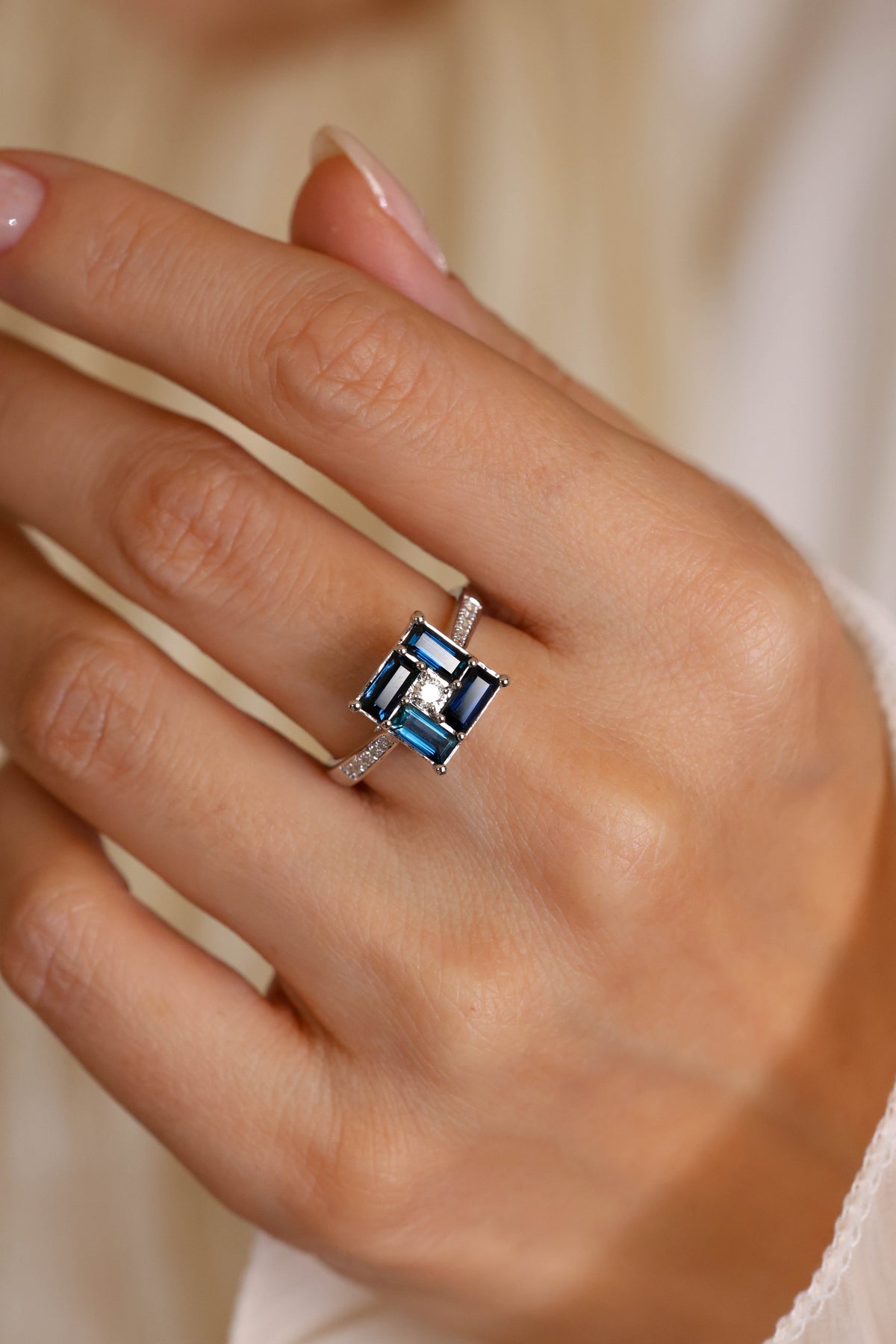 Baguette Cut Sapphire & Diamond Ring in 18K White Gold – view 2