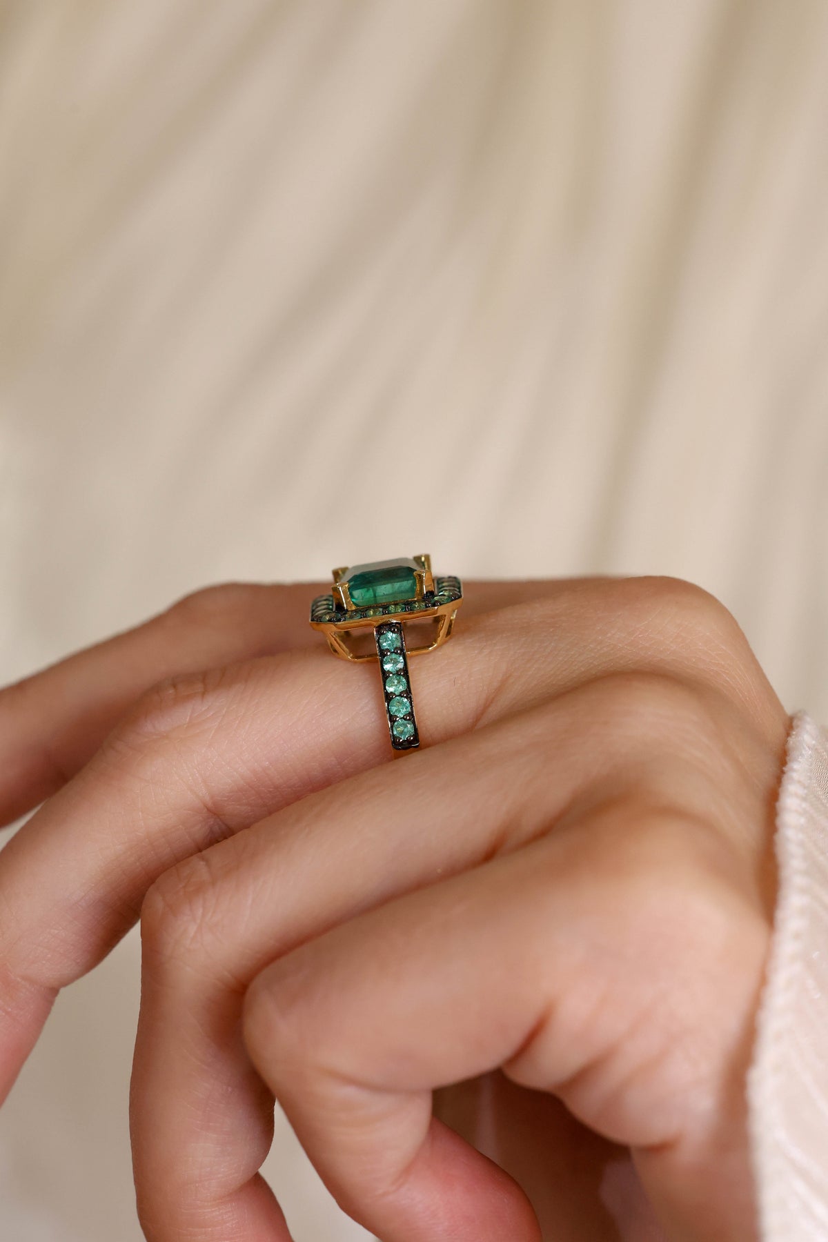 Emerald-Cut Gemstone & Natural Diamond Halo Ring in 18K Yellow Gold – view 2