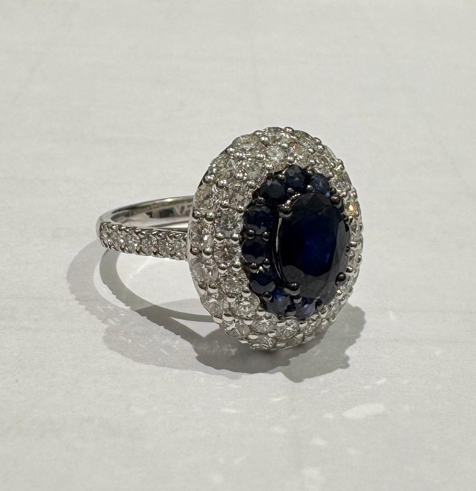 2.26 ct oval cut sapphire and diamond 18k white gold ring