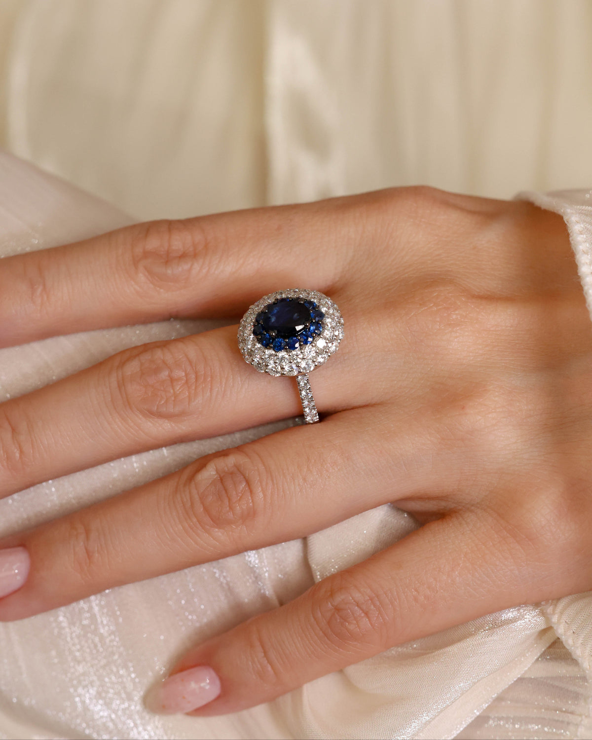 Oval Sapphire Double Halo Diamond Ring in 18K White Gold, 1.65 ct