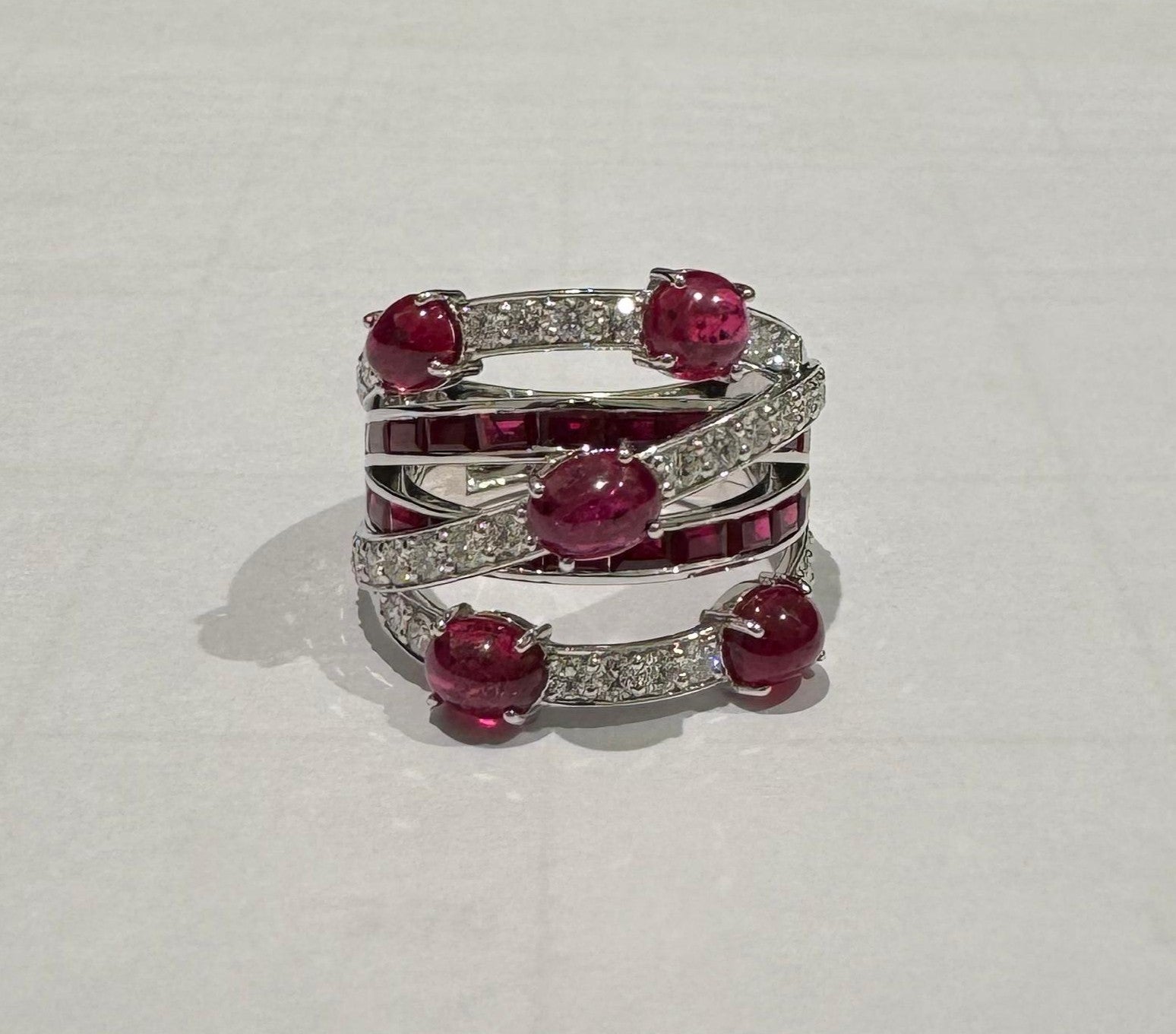 1.08 ct oval cut ruby and diamond 18k white gold ring