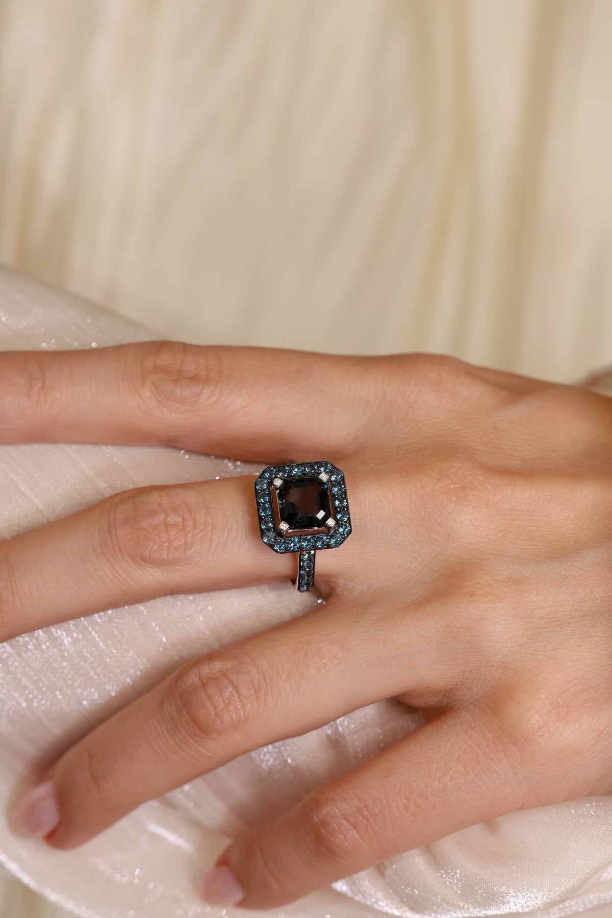 London Blue Topaz Halo Ring in 18K White Gold, 4.70 ct