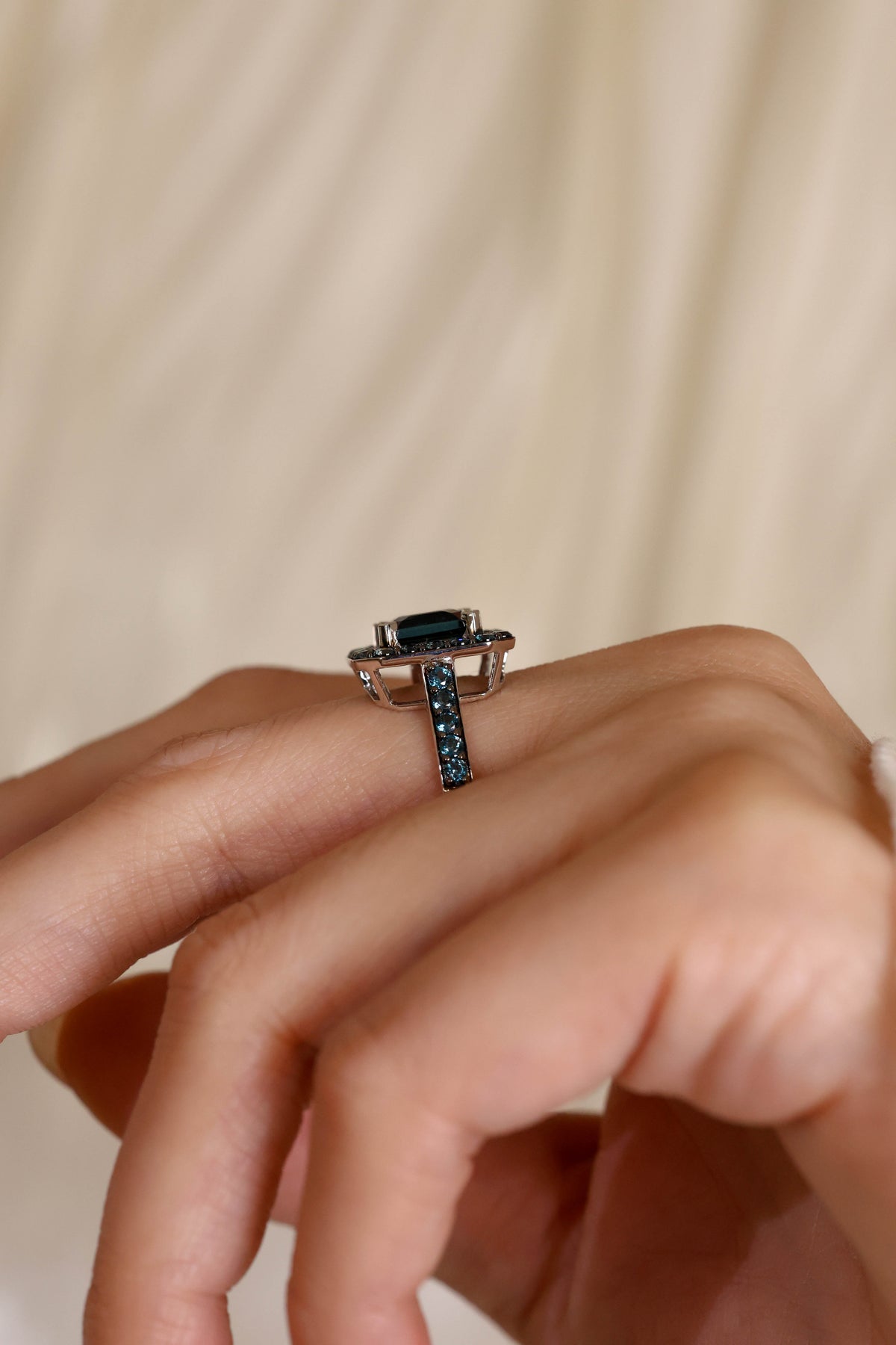 London Blue Topaz Halo Ring in 18K White Gold – view 2