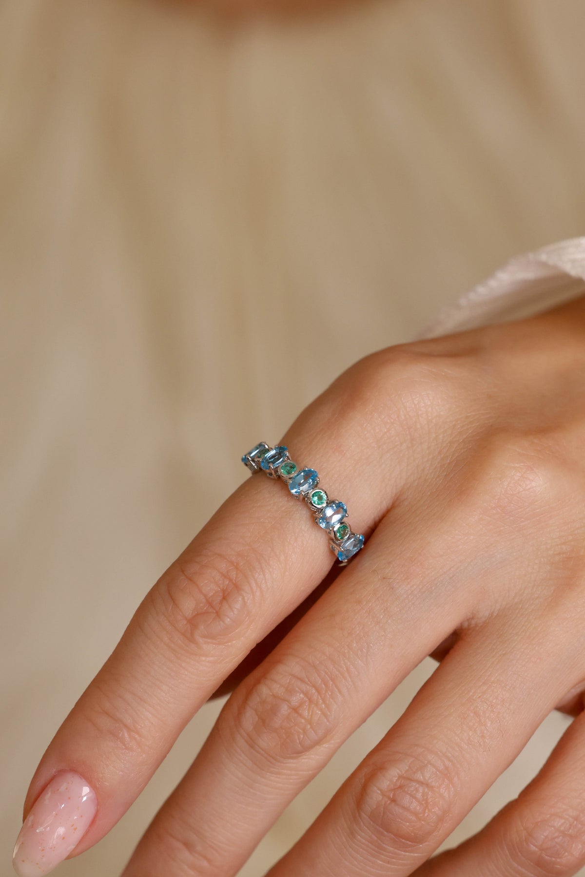 Emerald & Blue Topaz Mosaic Ring in 18K White Gold – view 2