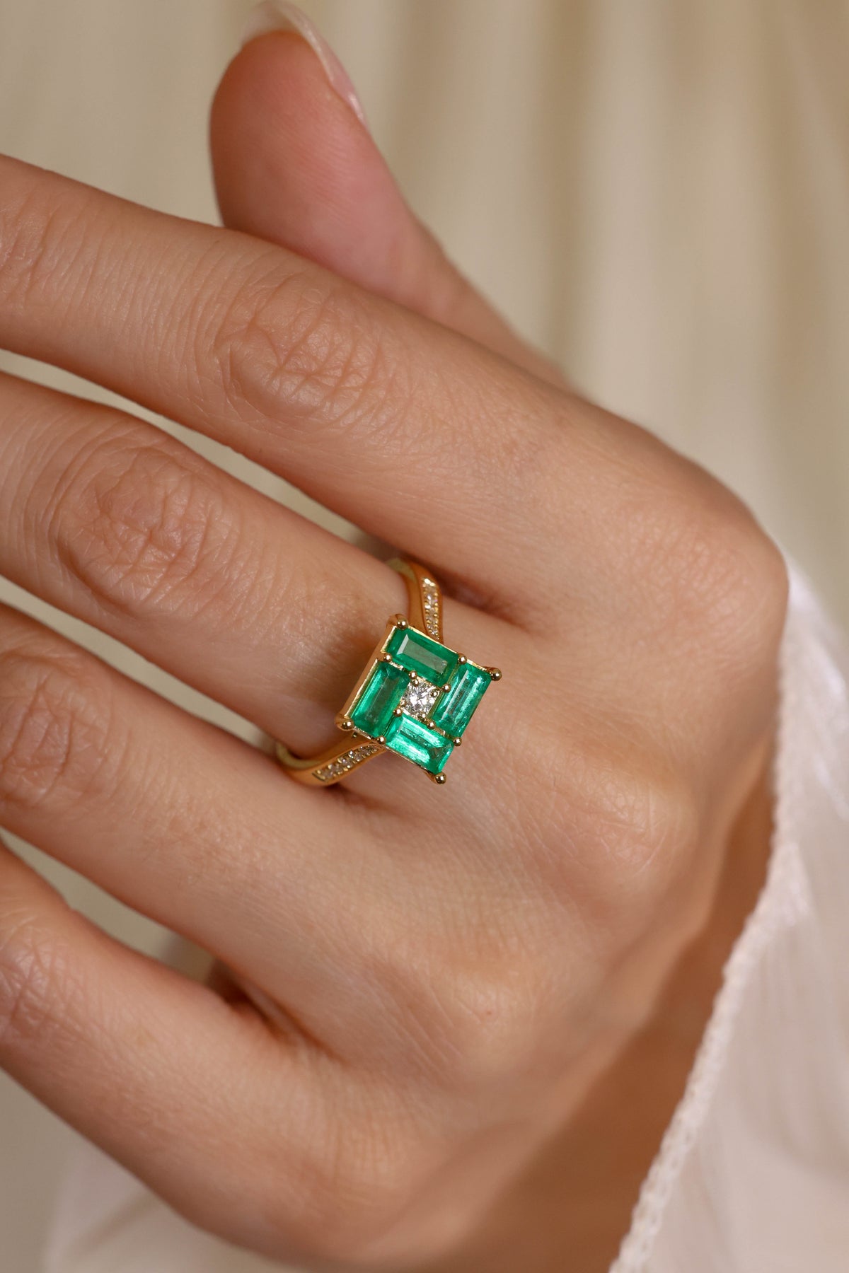Baguette Cut Emerald & Diamond Ring in 18K Yellow Gold – view 2