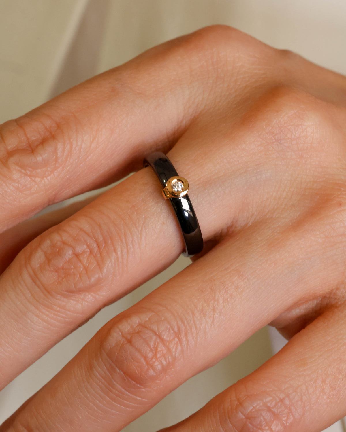 Black Ceramic Diamond Ring in 18K White Gold, 0.03 ct