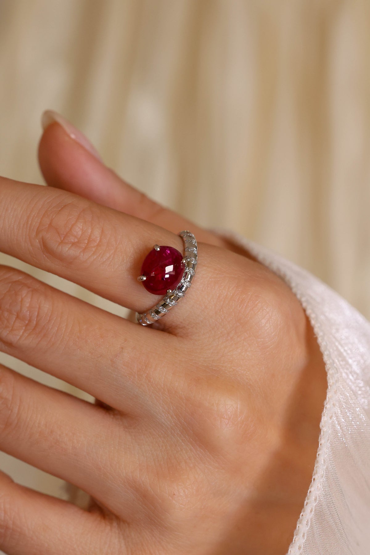 Ruby Cabochon and Diamond Bypass Ring in 18K White Gold – view 2