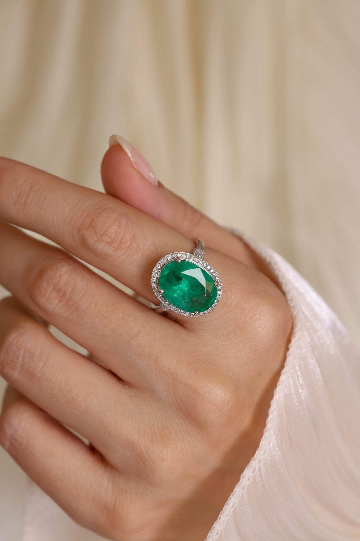 Natural Emerald & Diamond Halo Ring in 18K White Gold – view 2