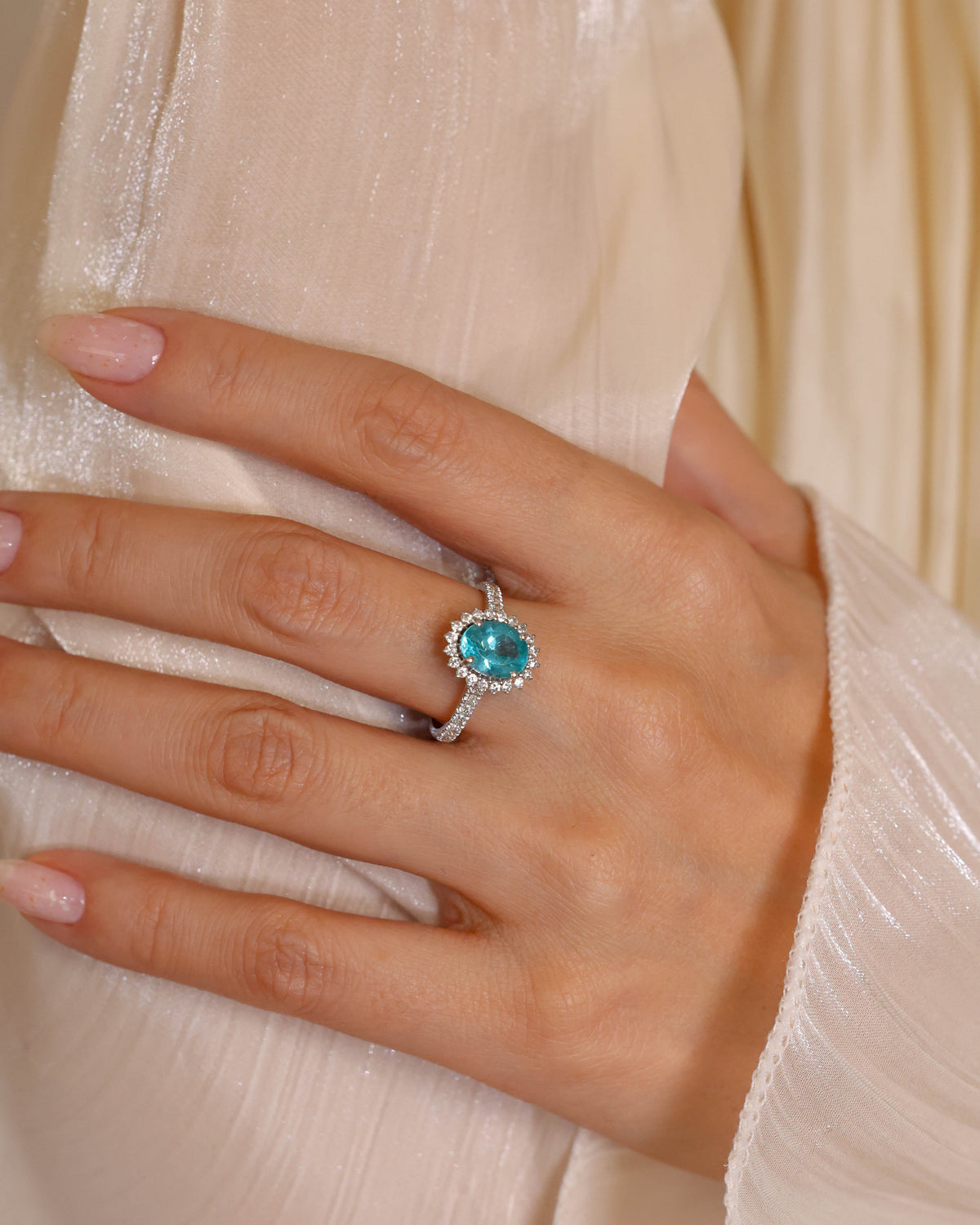 Blue Apatite Natural Diamond Halo Ring in 18K White Gold, 1.71 ct