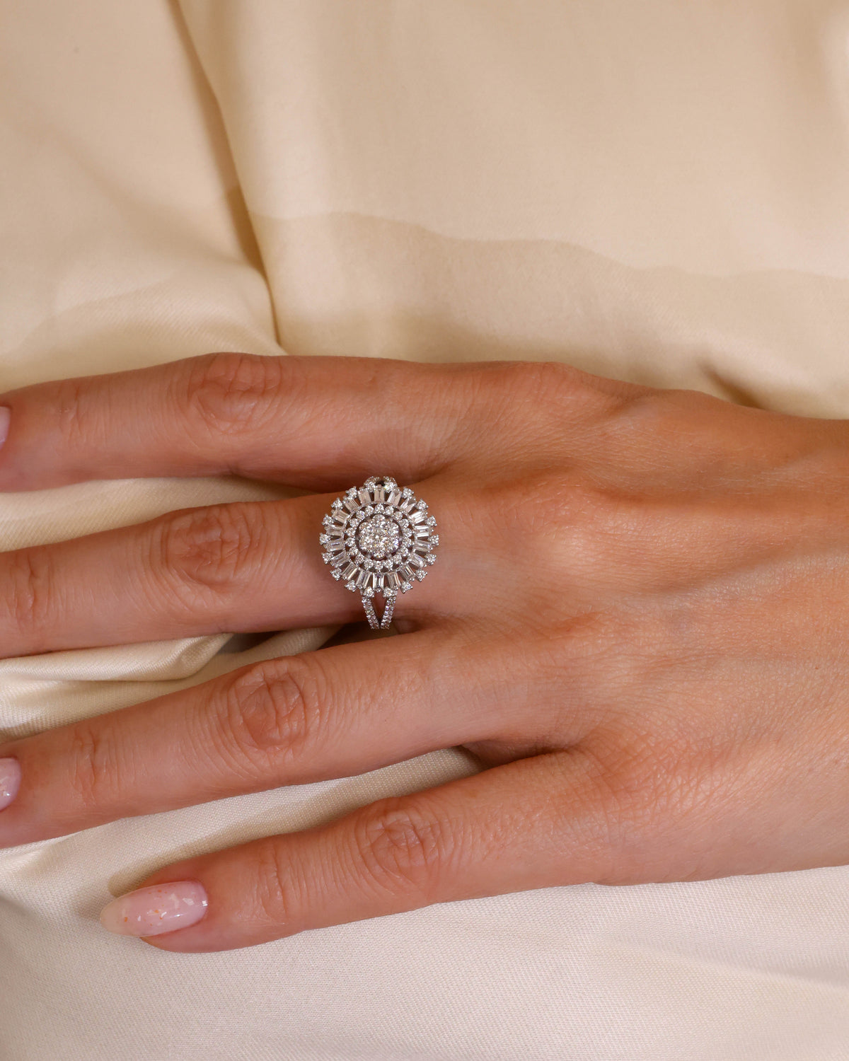 Baguette and Round Diamond Sunburst Wheel Ring in 18K White Gold, 1.13 ct