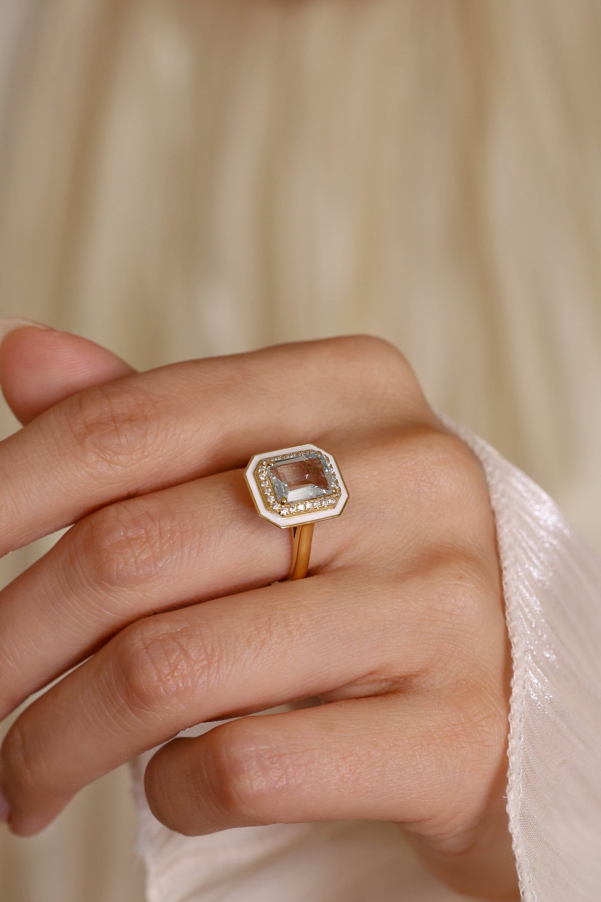Aquamarine Halo Natural Diamond Ring in 18K Yellow Gold – view 2