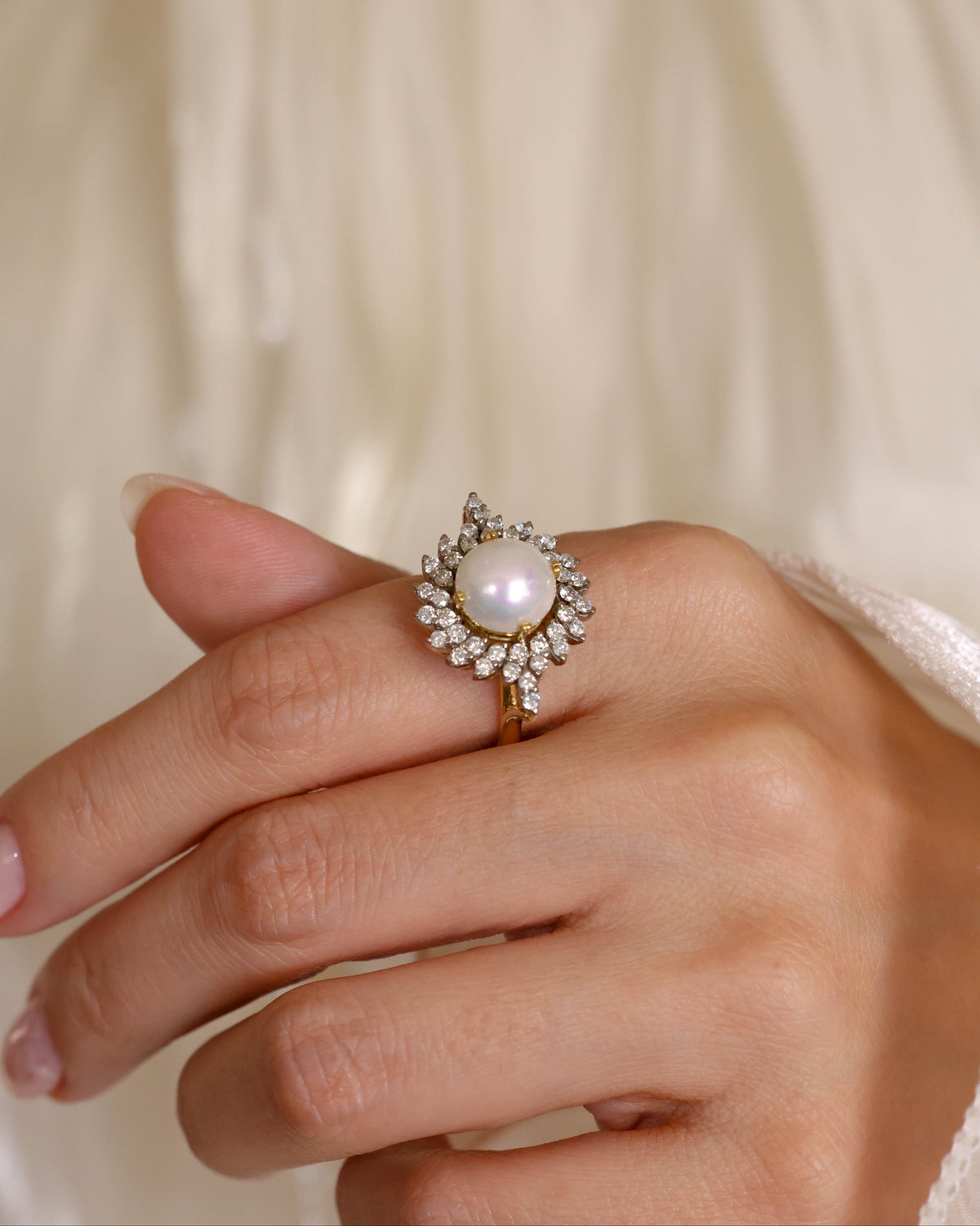 Pearl Halo Natural Diamond Ring in 18K Yellow Gold