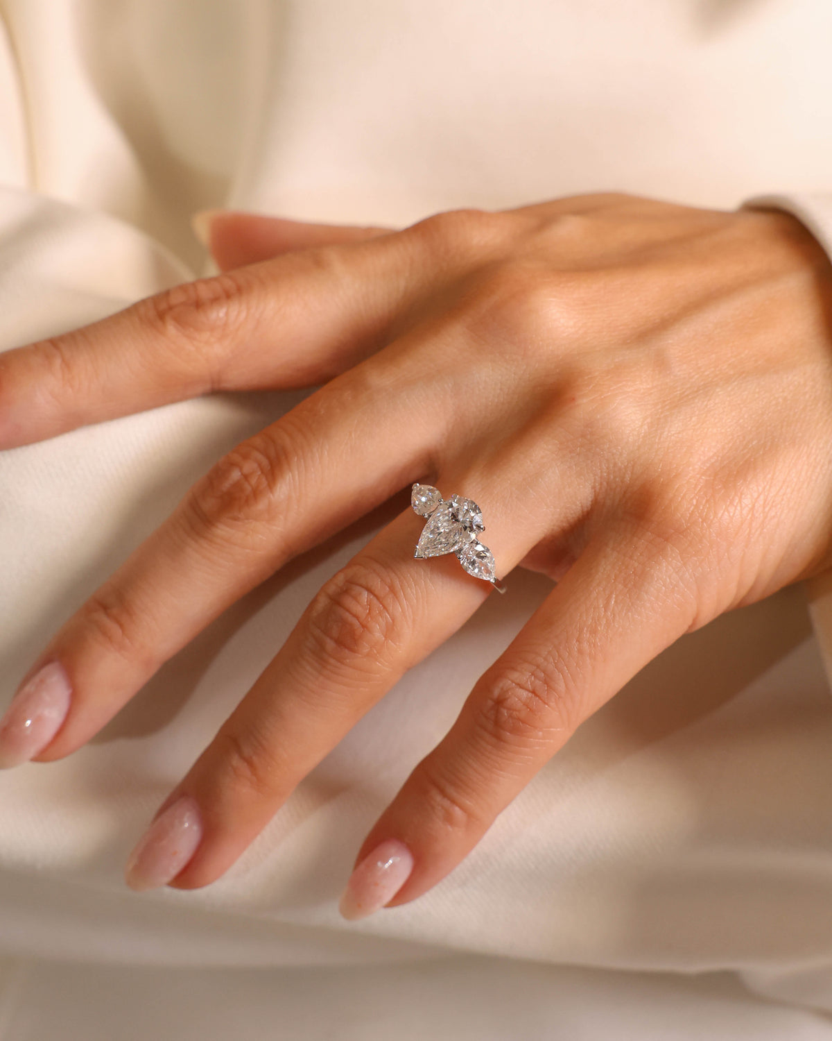 Three-Stone Pear Lab-Grown Diamond Ring in 18K White Gold – view 2