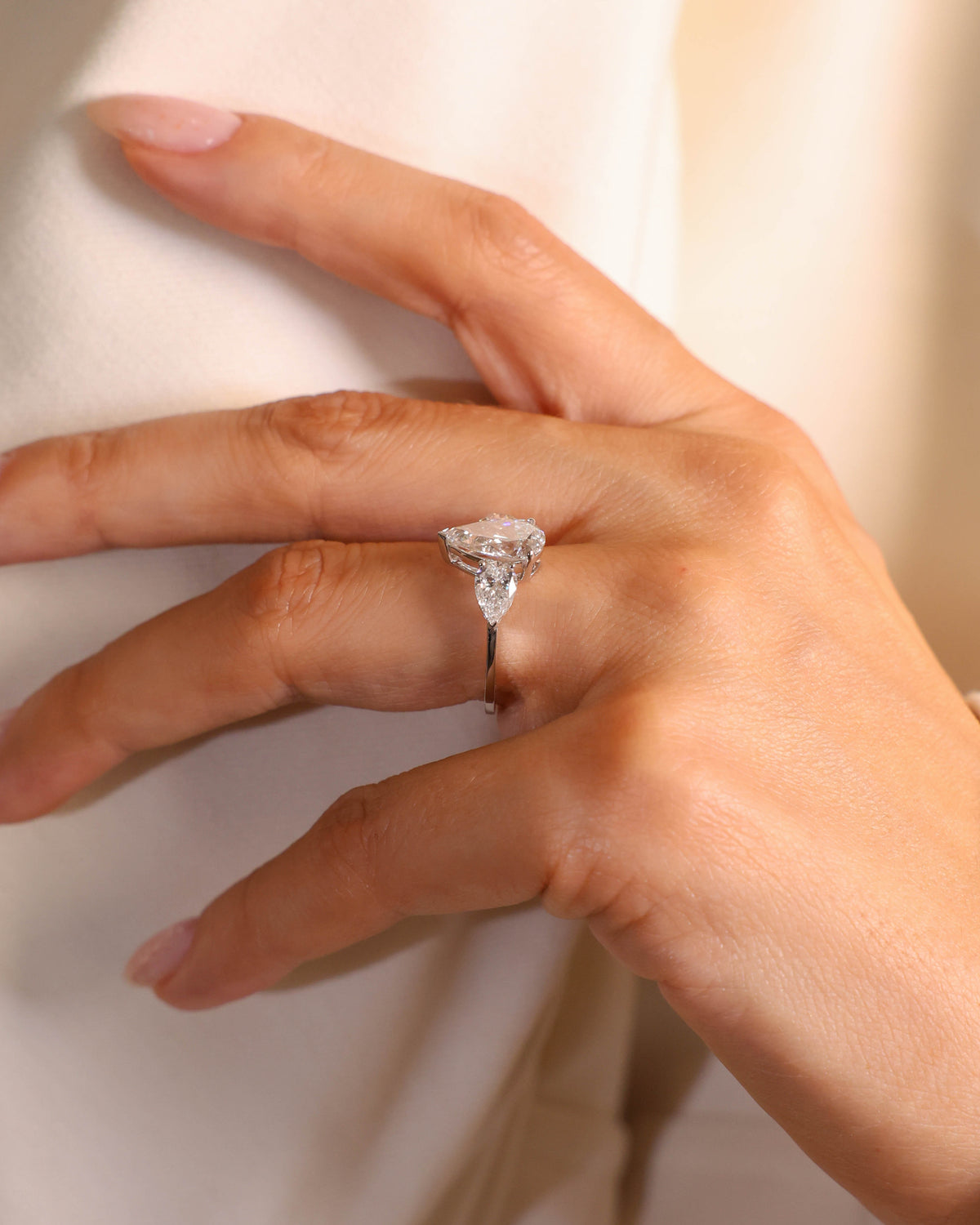 Three-Stone Pear Lab-Grown Diamond Ring in 18K White Gold – view 4